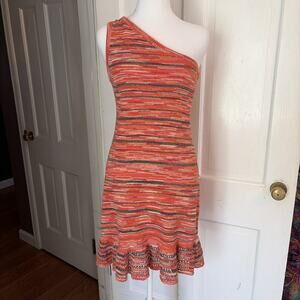 Anthropologie Women's One Shoulder Slim Flounce Sweater Dress S Orange Stripes